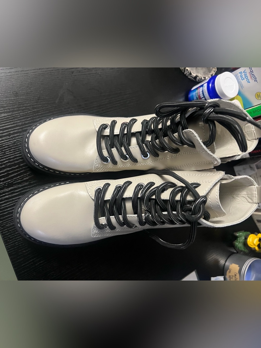 Marc Fisher Cream Leather Combat Boots with Black Laces